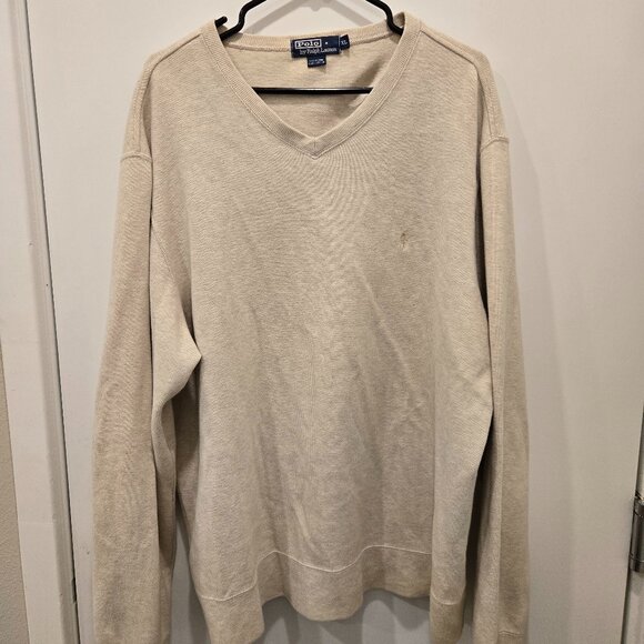 Polo Ralph Lauren Men's Sweater Size XL Beige V-Neck Logo 100% Cotton Pullover - Picture 1 of 6